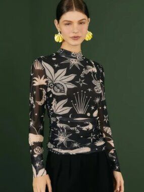FARM Rio Black Sheer Celestial & Botanical Print Long Sleeve Top